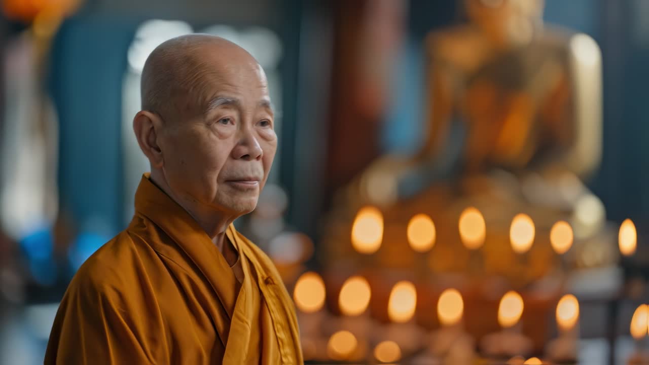 Elderly buddhist monk wearing traditional orange robe meditating deeply in serene temple, golden Buddha statue and soft candlelight creating peaceful spiritual atmosphere