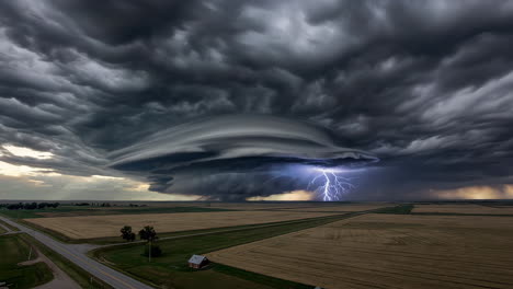 dramatic supercell thunderstorm with lightning over rural fields