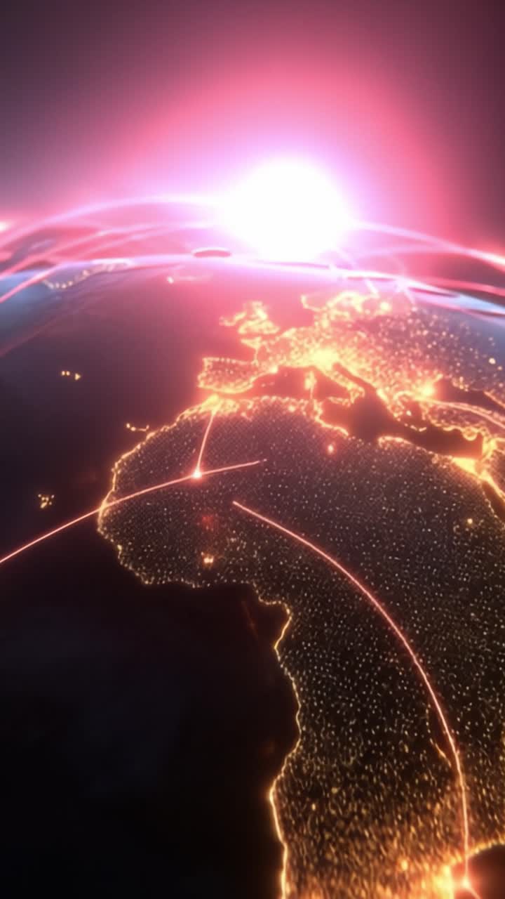 Una visualizzazione mozzafiato della connettività globale con masse terrestri illuminate a giorno che mostrano tecnologia avanzata e vivaci scie luminose sulla Terra al tramonto.
