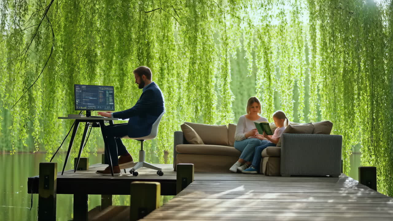 Family enjoying a tranquil day on a pier with a man working remotely