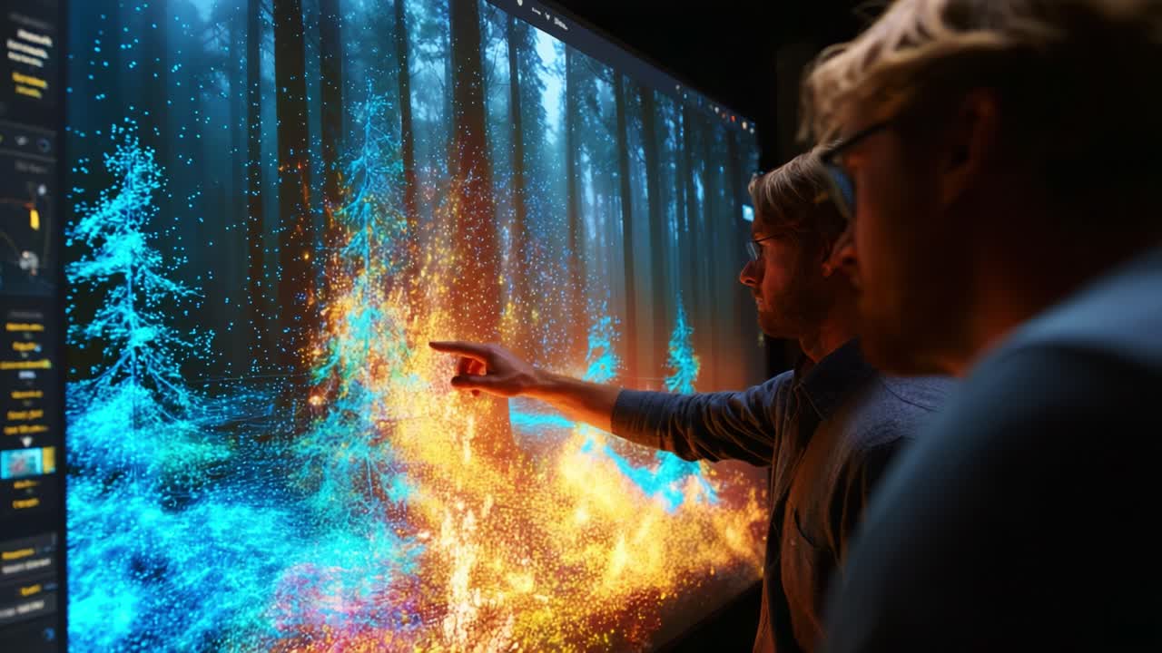 A Dynamic Display of Forest Visualization: Exploring Colorful Particles and Interactive Technology in a Forest Setting, Capturing the Essence of Nature through Digital Artistry