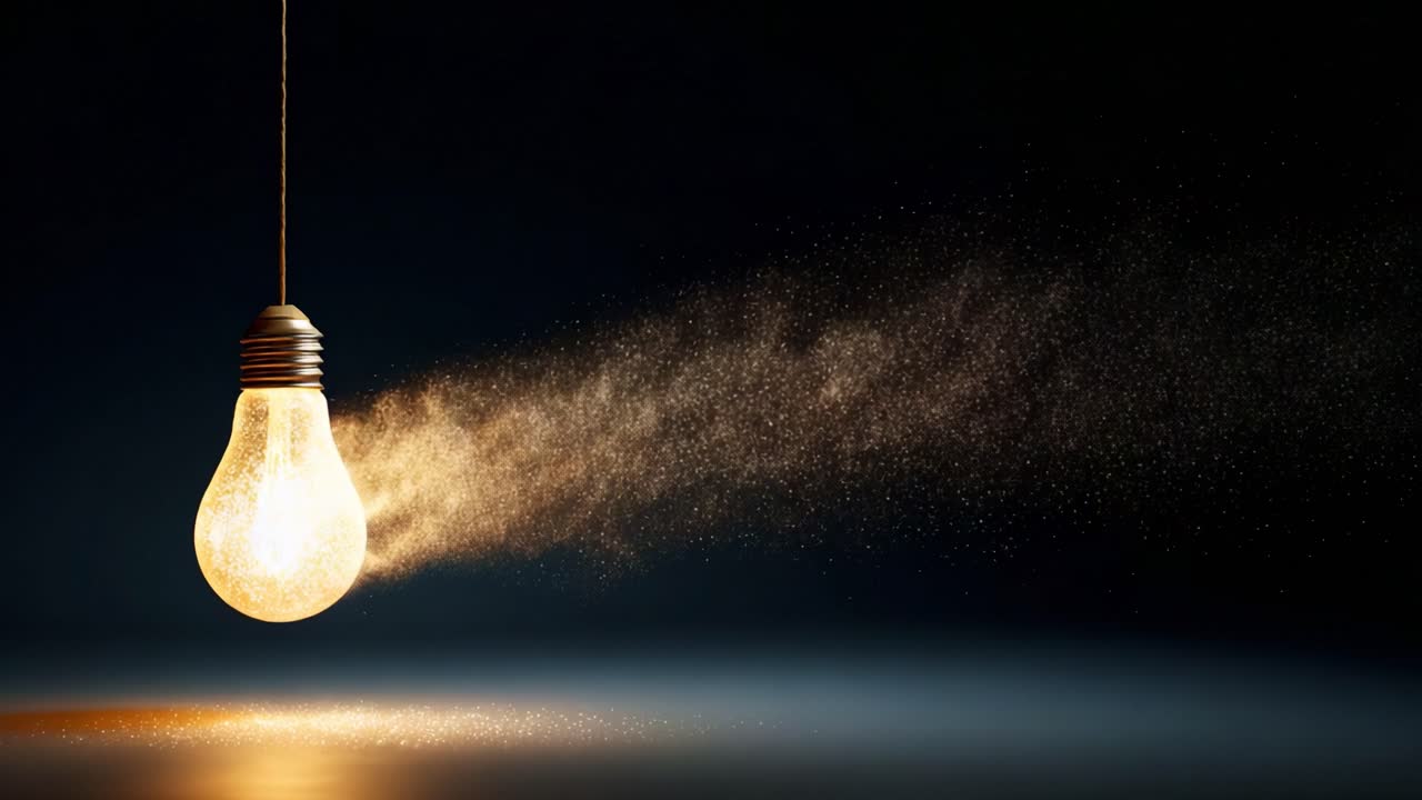 A captivating visual transformation of a light bulb as it releases an enchanting cloud of particles, illustrating the delicate interplay between light and shadow in a darkened backdrop