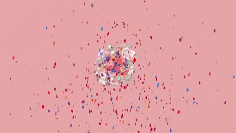 Animation-of-confetti-falling-with-spinning-flowers-on-pink-background