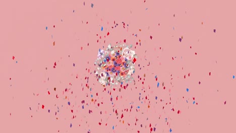 animación de confeti cayendo con flores giratorias sobre un fondo rosado