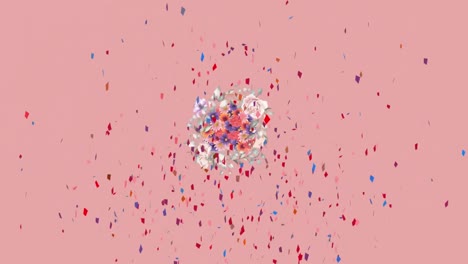 animation of confetti falling with spinning flowers on pink background