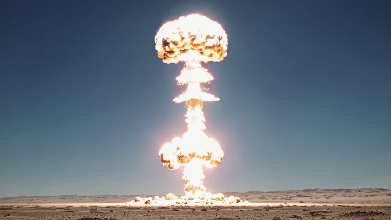 Aerial view of a nuclear explosion with a mushroom cloud rising against a clear sky