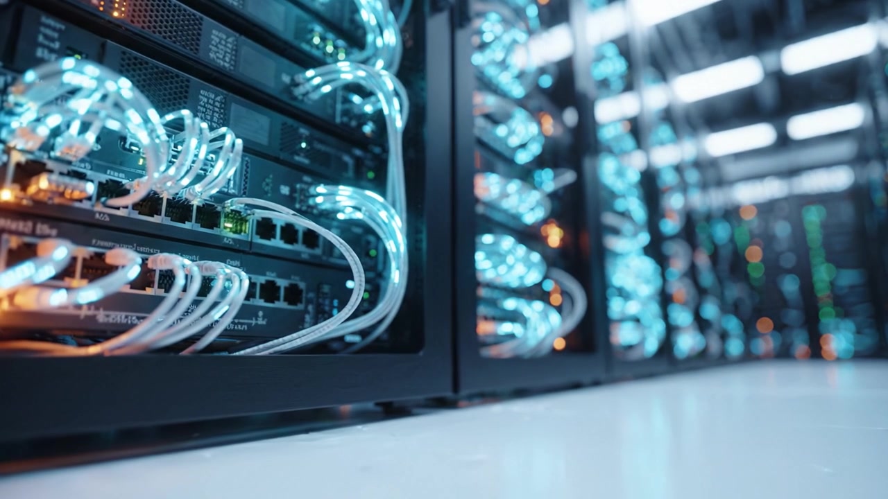 Exploring High-Tech Data Center with Network Servers and Illuminated Cables in an Efficient IT Environment for Modern Computing and Data Management