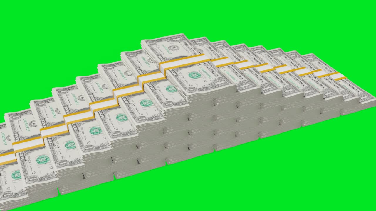 Banyak gulungan uang di latar belakang chromakey. Uang kertas 1 dolar AS. Tumpukan uang