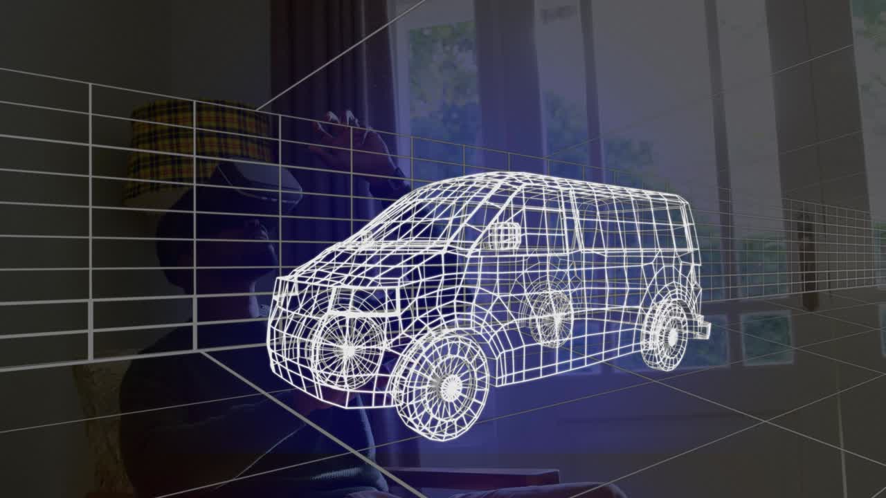 집에서 vr 헤드 ⁇ 을 착용한 밴의 3d 기술 도면의 애니메이션