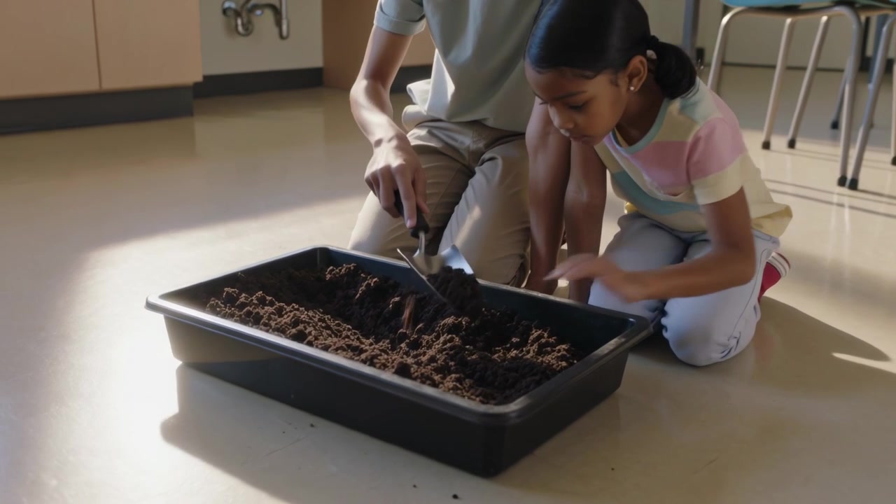Picking up trowel, student shaping soil on school floor, peer pressing, preparing tray for planting
