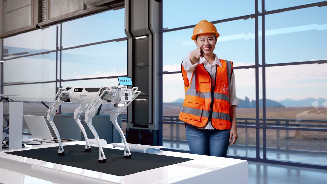 corpo pieno di ingegnere donna asiatica con casco di sicurezza sorridendo e toccando il suo petto poi puntando a voi mentre in piedi in fabbrica ad alta tecnologia, analizzando il concetto di macchina robotica