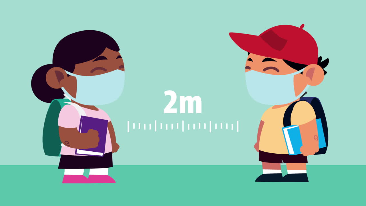 아이들은 마스크를 착용하여 사회적 거리를 유지합니다.