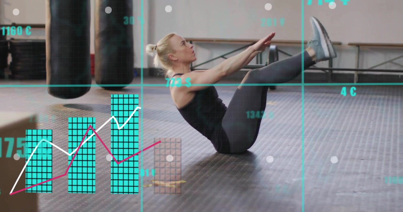Woman initiating Vsit crunch fitness by contracting core with animated graphs for tracking progress