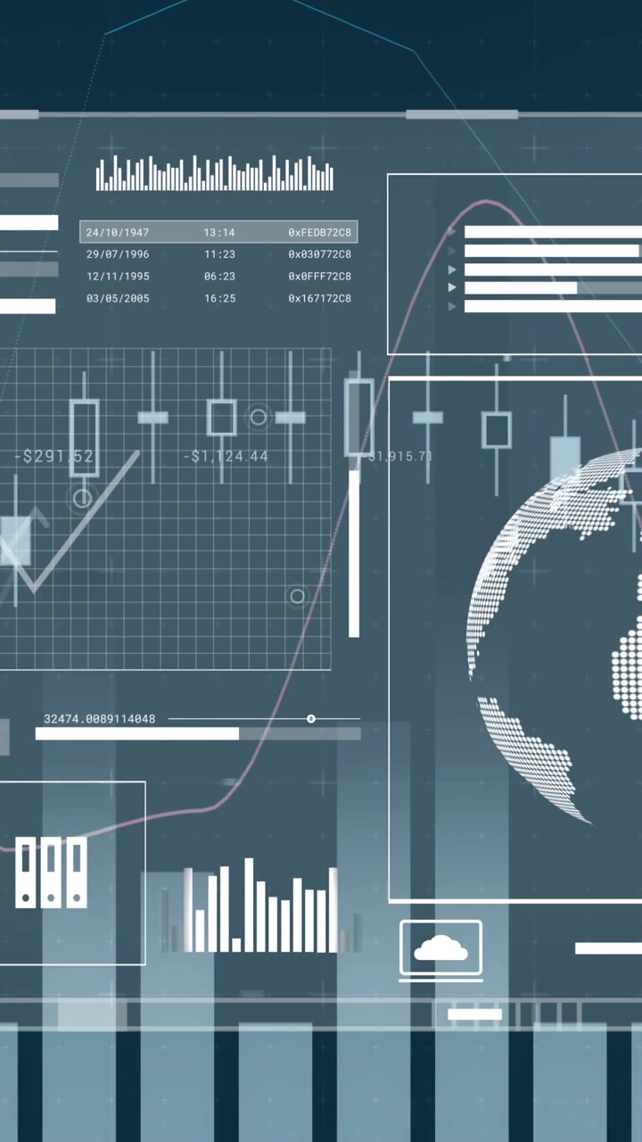 Animation of financial data processing and globe over screen