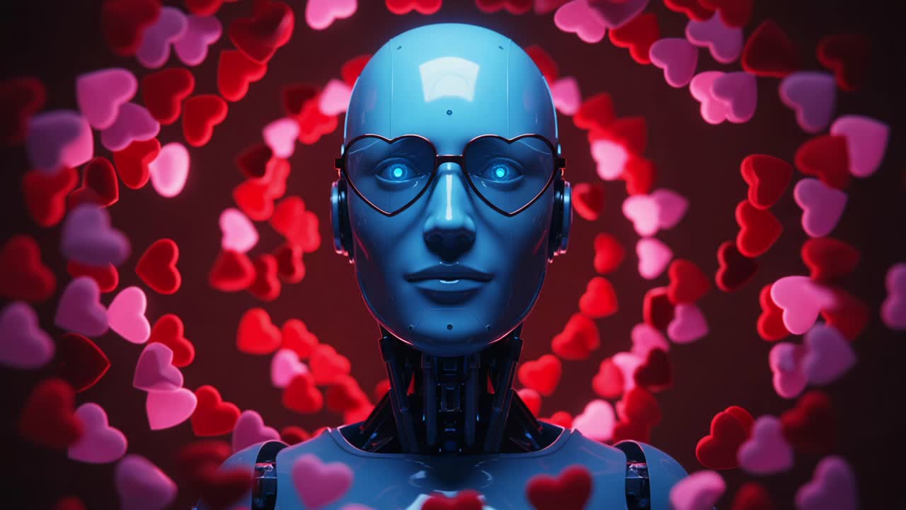 A futuristic robotic figure with heart-shaped glasses, surrounded by a swirling background of vibrant red and pink hearts, symbolizing the intersection of technology and emotion