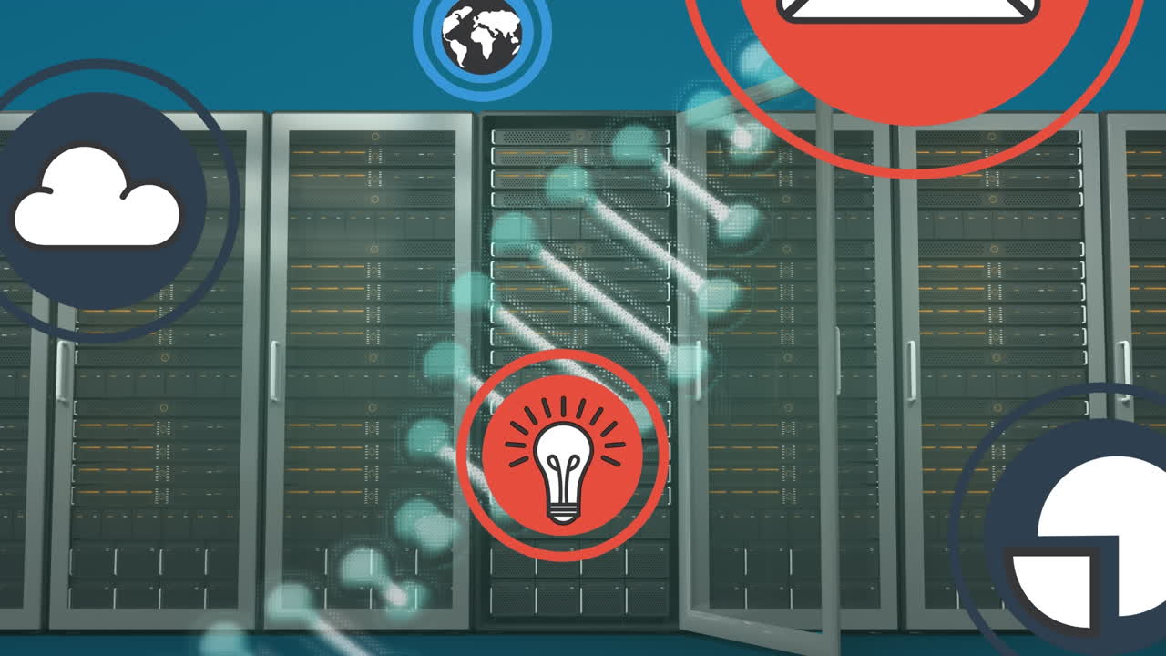 Animation of social media icons and dna strand spinning over servers