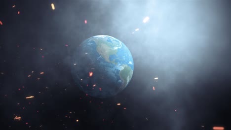 abstract earth view from space with burst optical flare light. the rotating world zoom in with explosive light flares smoke dust. 4k cinematic title trailer background concept with copy space.