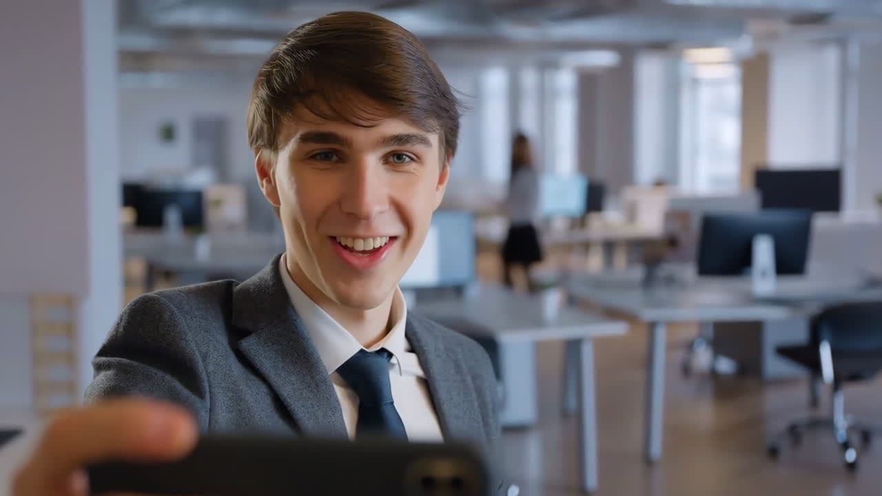 Young Businessman Taking a Selfie or Video Call in a Modern Office