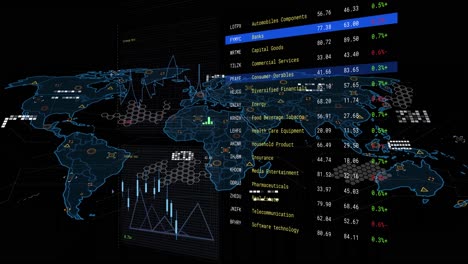 animation of financial data processing over screen and world map