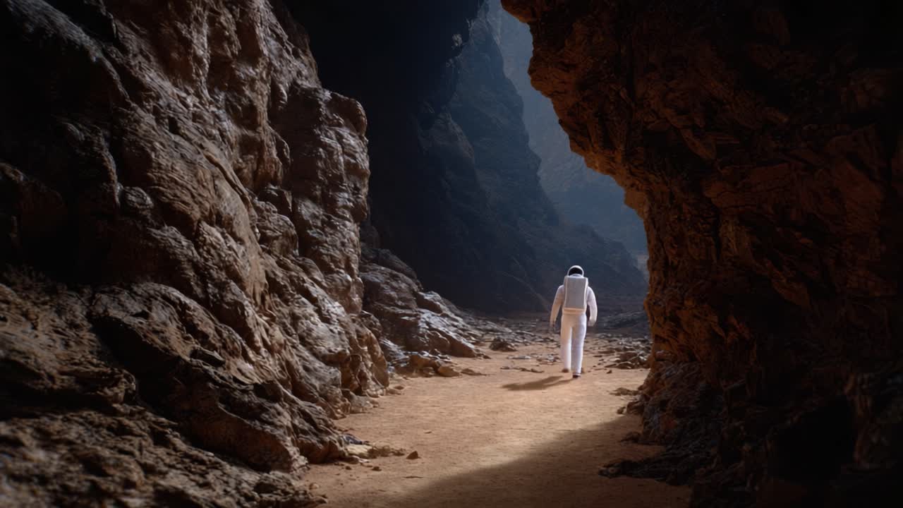 Un astronauta cammina attraverso una caverna rocciosa, esplorando un paesaggio alieno pieno di formazioni rocciose frastagliate e un'illuminazione drammatica che cattura l'essenza ultraterrena