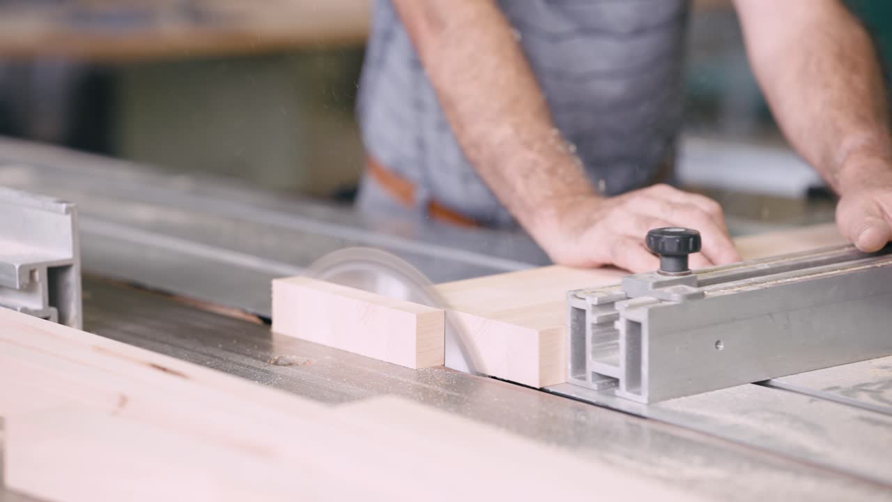 Close-Up of Carpenter's Hands Cutting Wood with a Table Saw