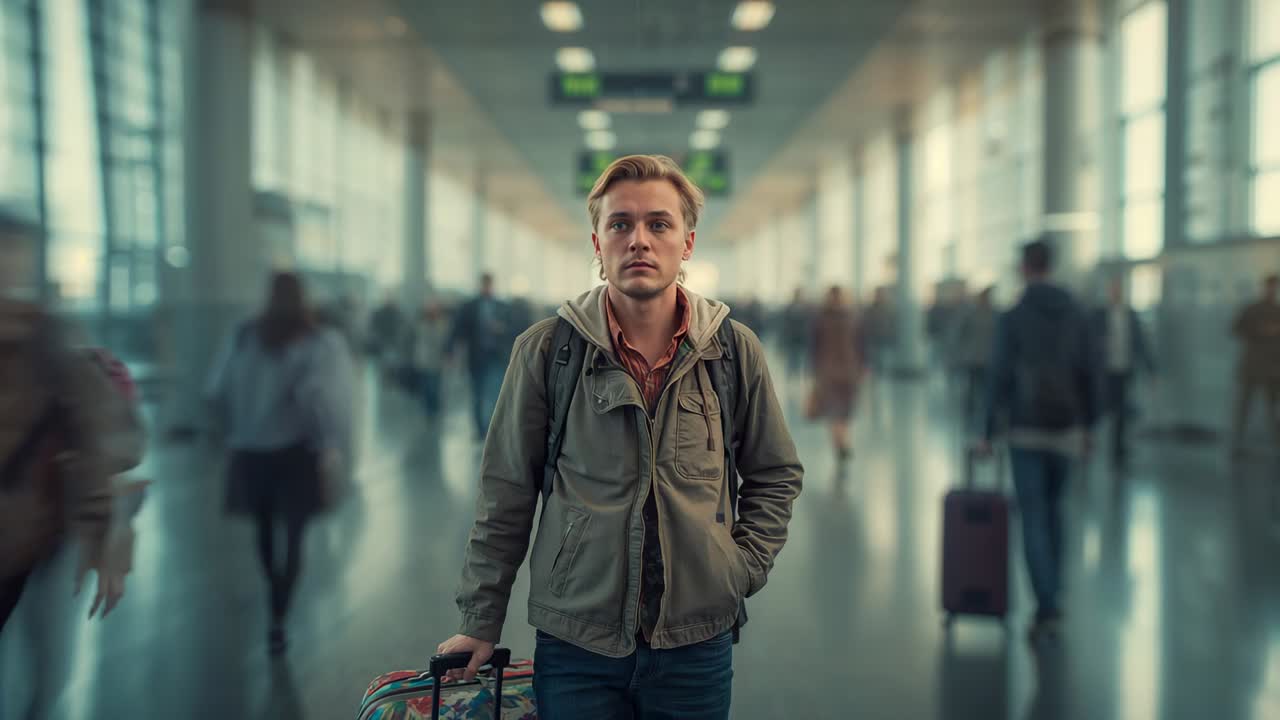 Entering airport terminal, traveler wheeling suitcase scanning gate signage to find direction