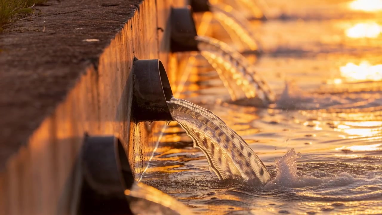 Una fila di scarichi circolari che riversano acqua in un canale del parco, creando archi dorati
