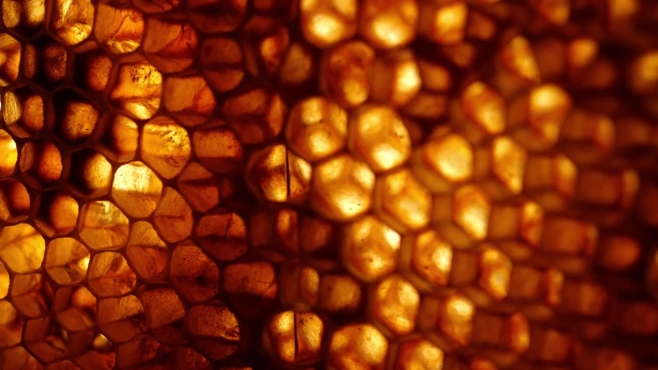 Makroaufnahme einer natürlichen Wabenstruktur, von hinten beleuchtet, die goldene sechseckige Wachszellen gefüllt mit süßem Honig zeigt. Textur einer Bio-Zutat für Lebensmittel- und Getränkekonzepte.