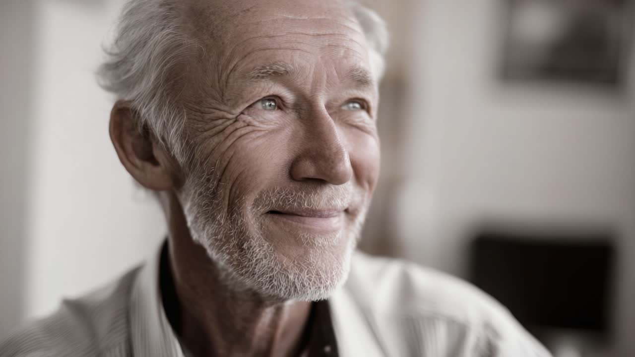 Un anciano reflexivo, con una cálida sonrisa que transmite sabiduría y la experiencia de una vida plena, e irradia felicidad y satisfacción al recordar recuerdos entrañables.