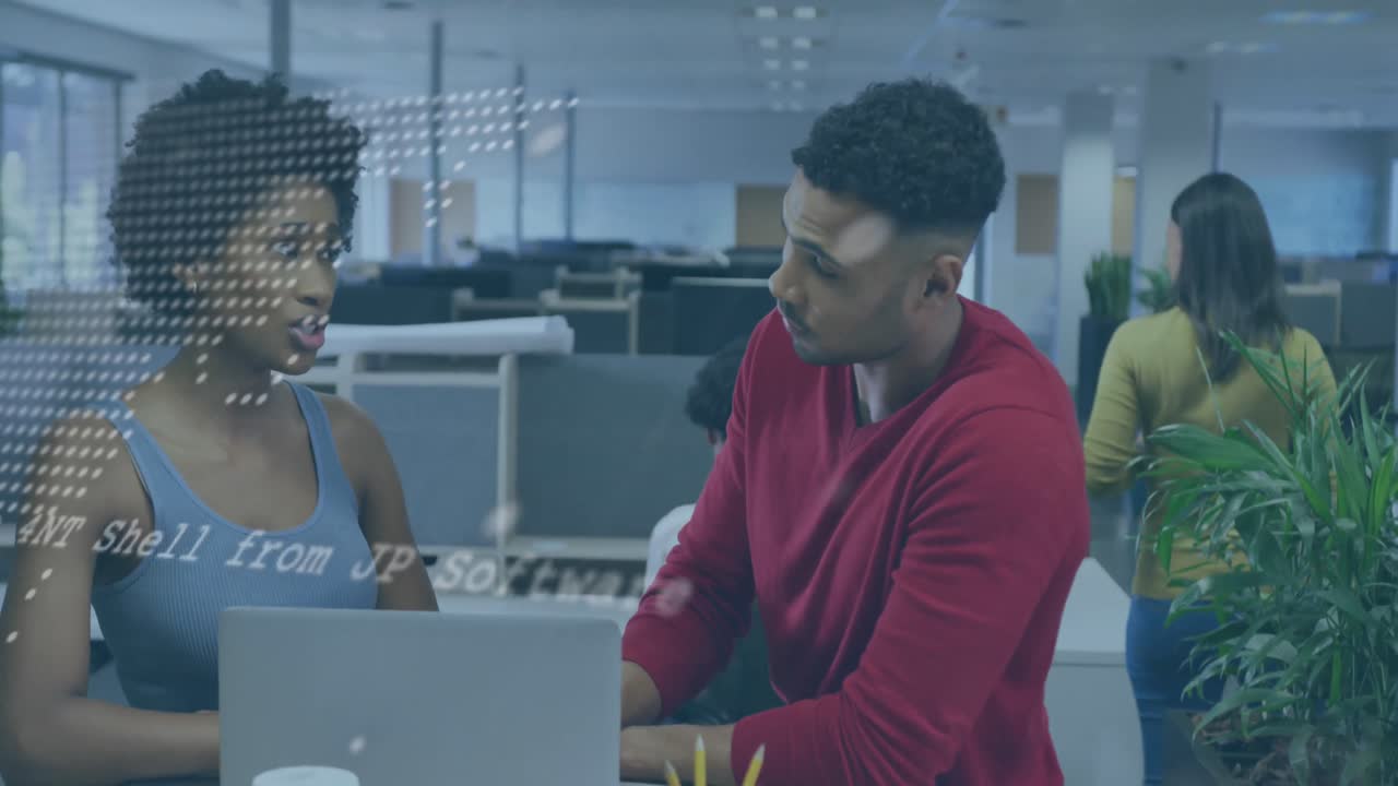 Animation of computer language and map over diverse coworkers discussing reports on laptop