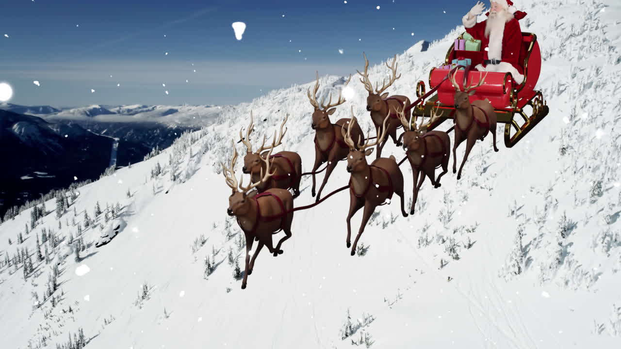animación de nieve cayendo sobre la navidad santa claus en trineo con renos