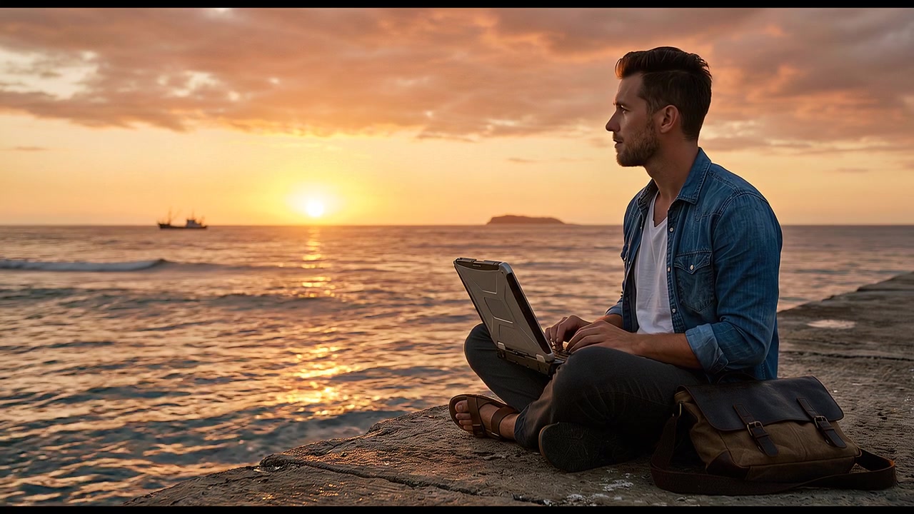 Viaggiatore d'affari che usa il laptop accanto all'oceano calmo durante una sessione di lavoro remoto al tramonto dorato.