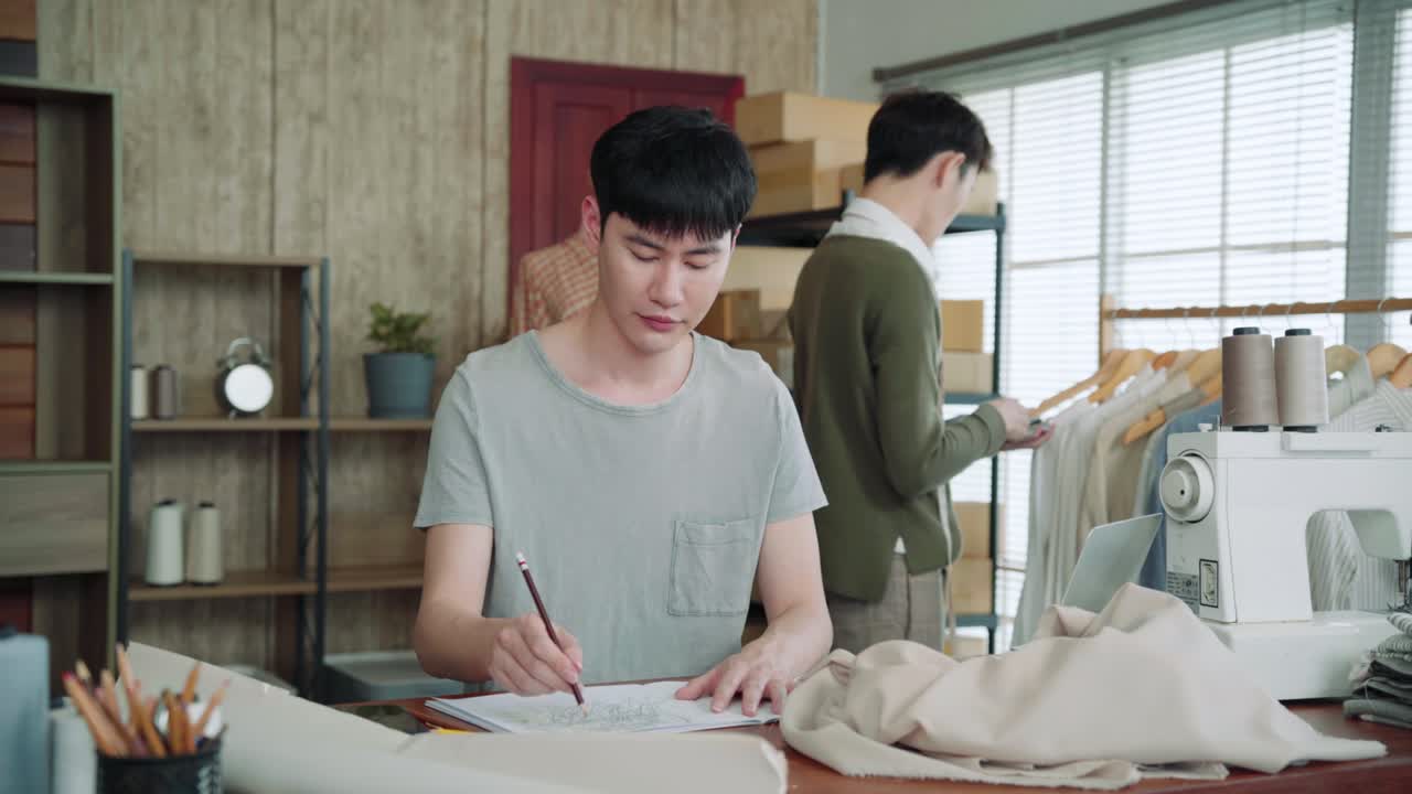 젊은 똑똑한 아시아 lgbti 남성들이 함께 일합니다. 파트너십, 소규모 사업 시작 디자이너, 상점 소유자, 두 동료 친구가 조정하기로 결정합니다. 벤처 캐피탈, 비즈니스 우정 파트너 4k25p