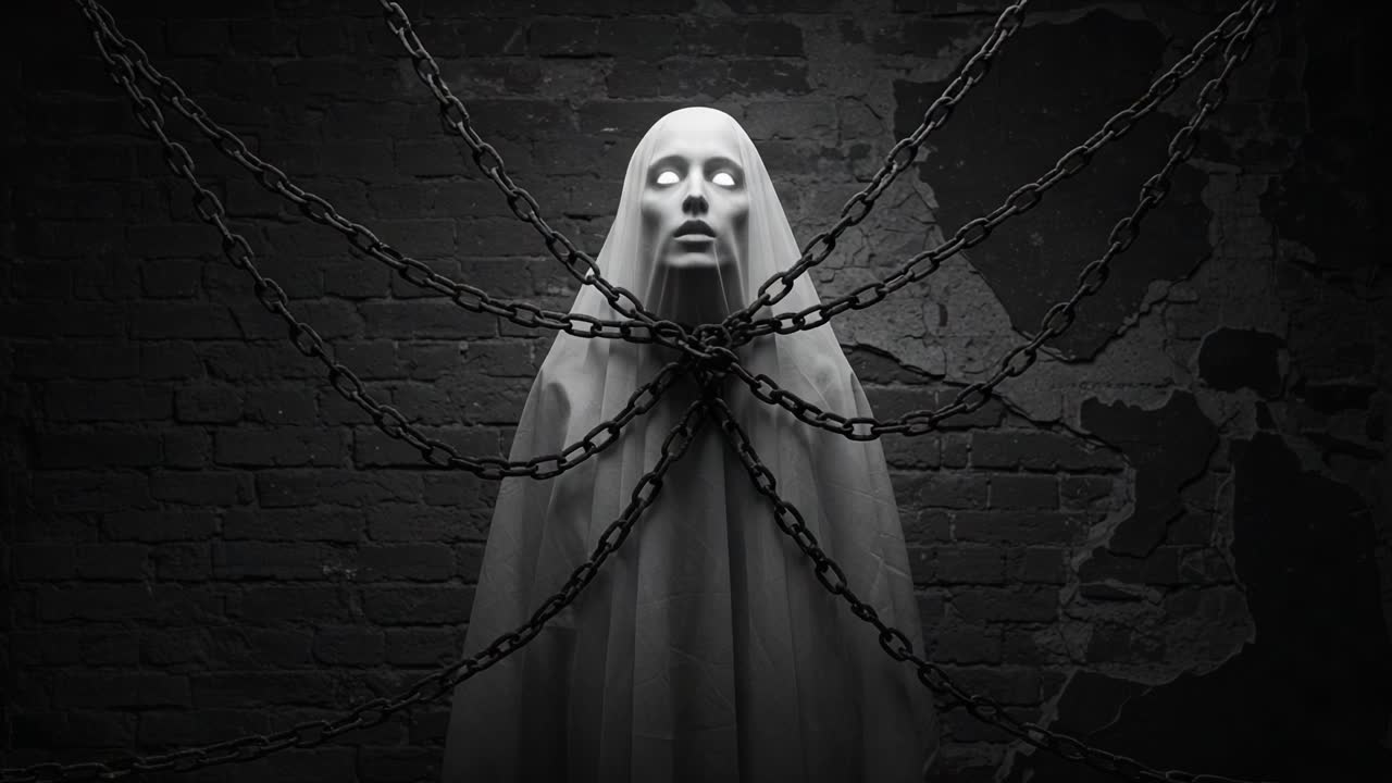 A Haunting Specter Encased in Chains: Eerie White Figure Looms in Darkened Space, Eyes Glowing with an Otherworldly Light, Creating an Atmosphere of Fear and Mystery