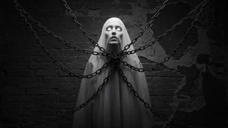 a haunting specter encased in chains: eerie white figure looms in darkened space, eyes glowing with an otherworldly light, creating an atmosphere of fear and mystery
