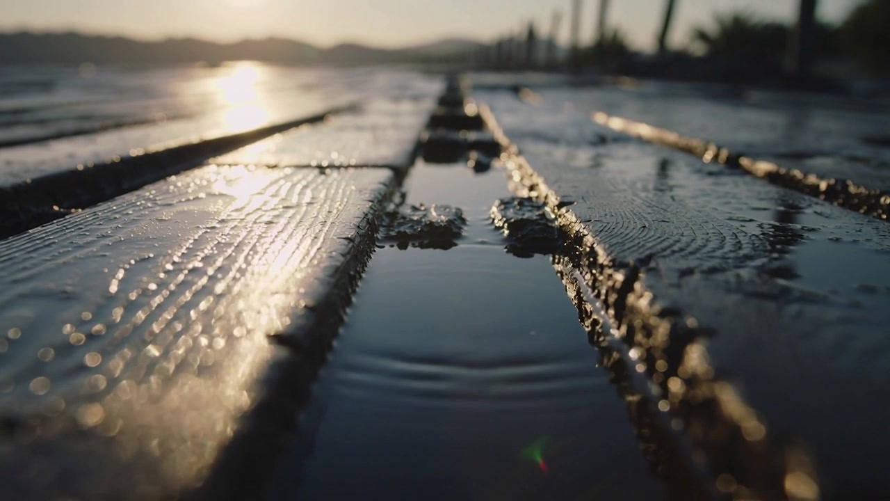 Capturing droplet striking central puddle and spreading ripples across wet planks, sun glinting