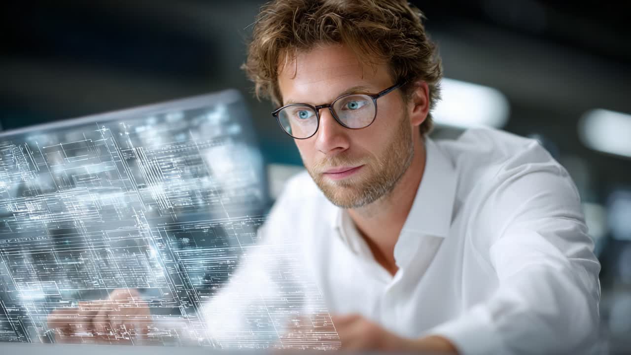 Focused Individual Analyzing Digital Data on a Transparent Display in a Modern Workspace, Highlighting Advanced Technology and Innovative Design