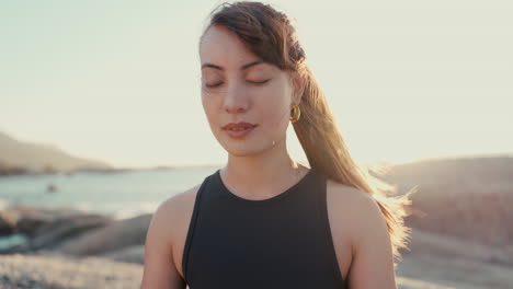 meditation, yoga and fitness with woman at beach