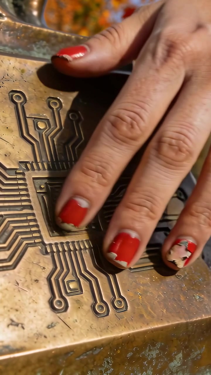 Vertikal video: Berører central chip, hånd gnider metalplade udendørs med en pude.