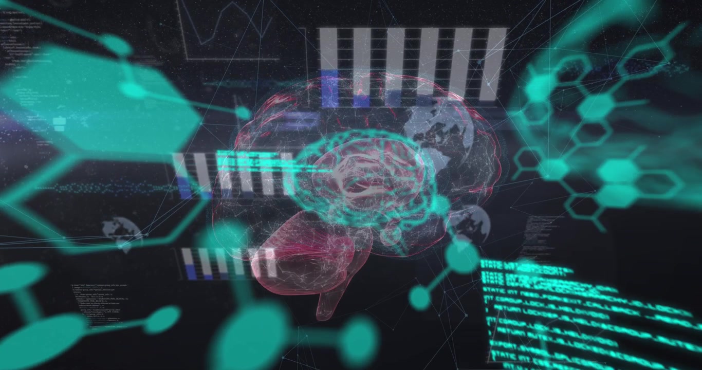 Animation of chemical formulas and data processing over rotating brain