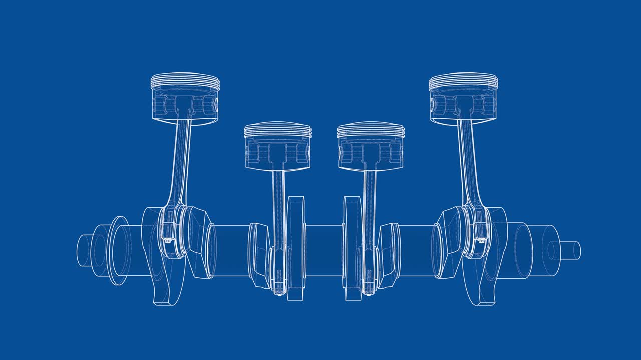 크랭크 샤프트와 4 개의 피스톤의 애니메이션. 와이어 프레임 또는 블루프린트 스타일