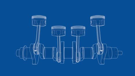 animation of crankshaft and four pistons. wire-frame or blueprint style