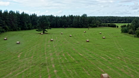 drone view of field with bales of straw in saaremaa estonia, europe - dolly shot