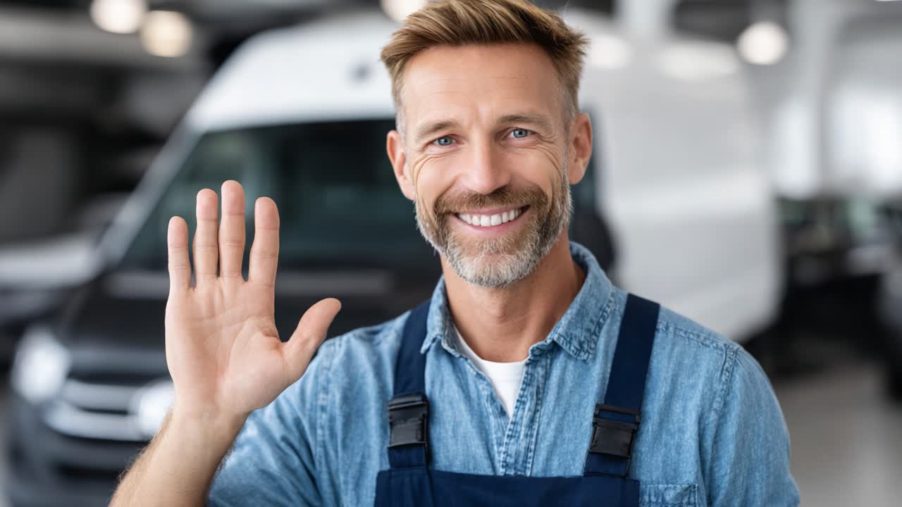 Friendly Mechanic Waves Hello to Customers, Showcasing Professionalism and Approachability in Automotive Service Environment