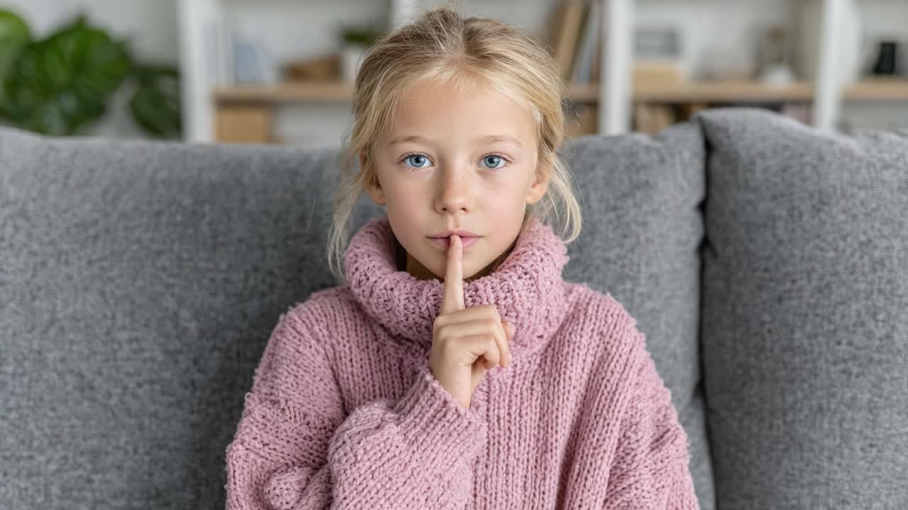 A Young Girl with a Shushing Gesture Highlights the Importance of Silence in a Cozy Living Room Setting, Promoting a Calm and Thoughtful Atmosphere