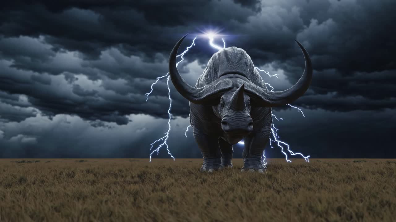 Prehistoric Rhino in a Stormy Field