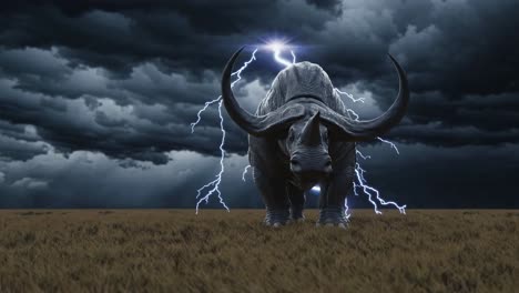 prehistoric rhino in a stormy field