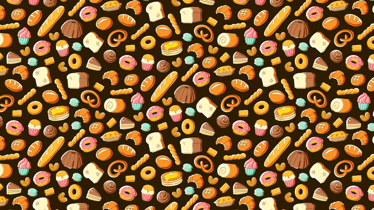 patrón de panadería en movimiento fondo dibujos animados dibujo a mano ilustración aislada en fondo marrón animación de bucle sin costuras 4k