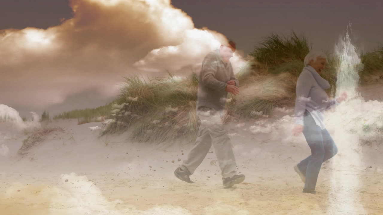 Walking on sandy beach, people enjoying animation of clouds blending into scene