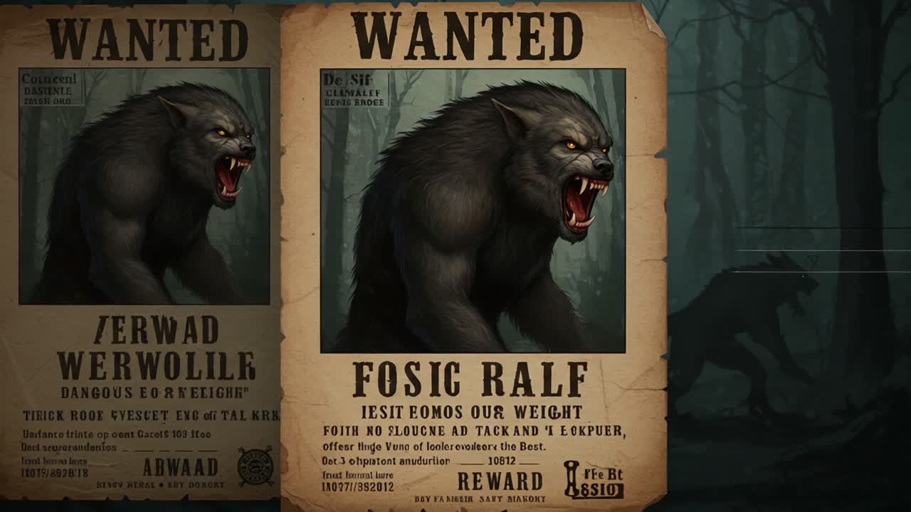 Efterlysningsplakater med det glubske bæst Fosic Ralf og den mystiske Jerwad Werwollik, der fremhæver en frygtindgydende naturskabning i en mystisk skov.